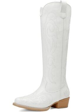 Women's White Rubber Cowgirl Knee High Pointed Toe Block Heel Embroiderd Boots